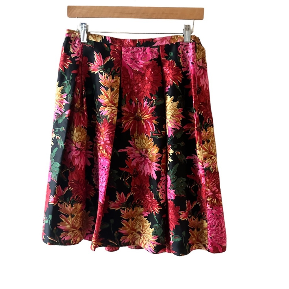 Talbots Black Pink Red Gold Floral A-Line 100% Silk Skirt Womens Size 10